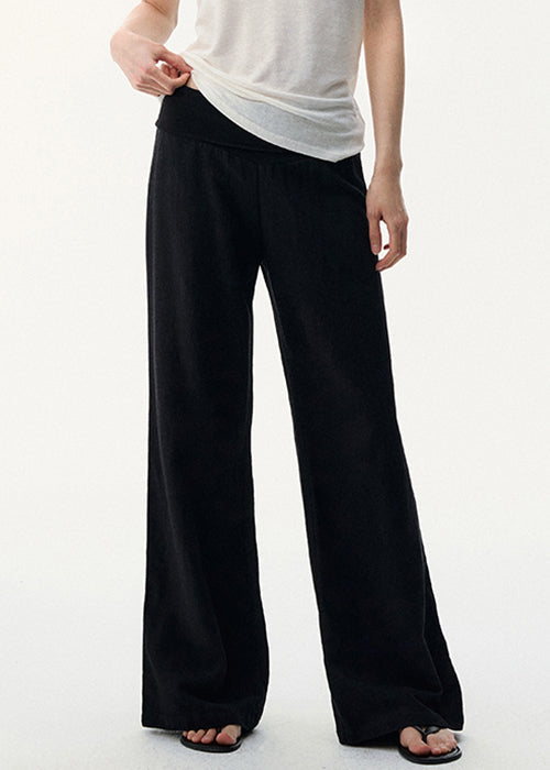 Black Pants Elastic Cozy Waist Leg Wide Linen FashionChic