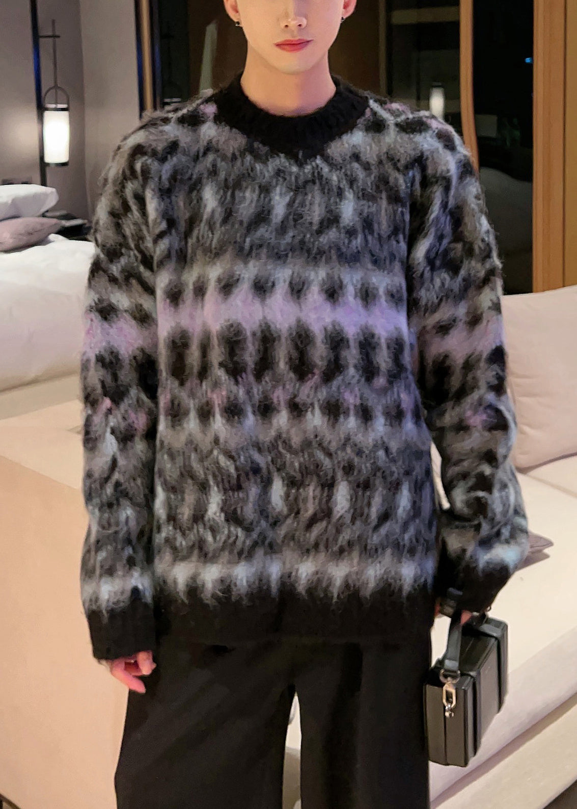 Black Cozy Patchwork Cotton Knit Fall Men Sweaters O Neck QH035 MENSW241019