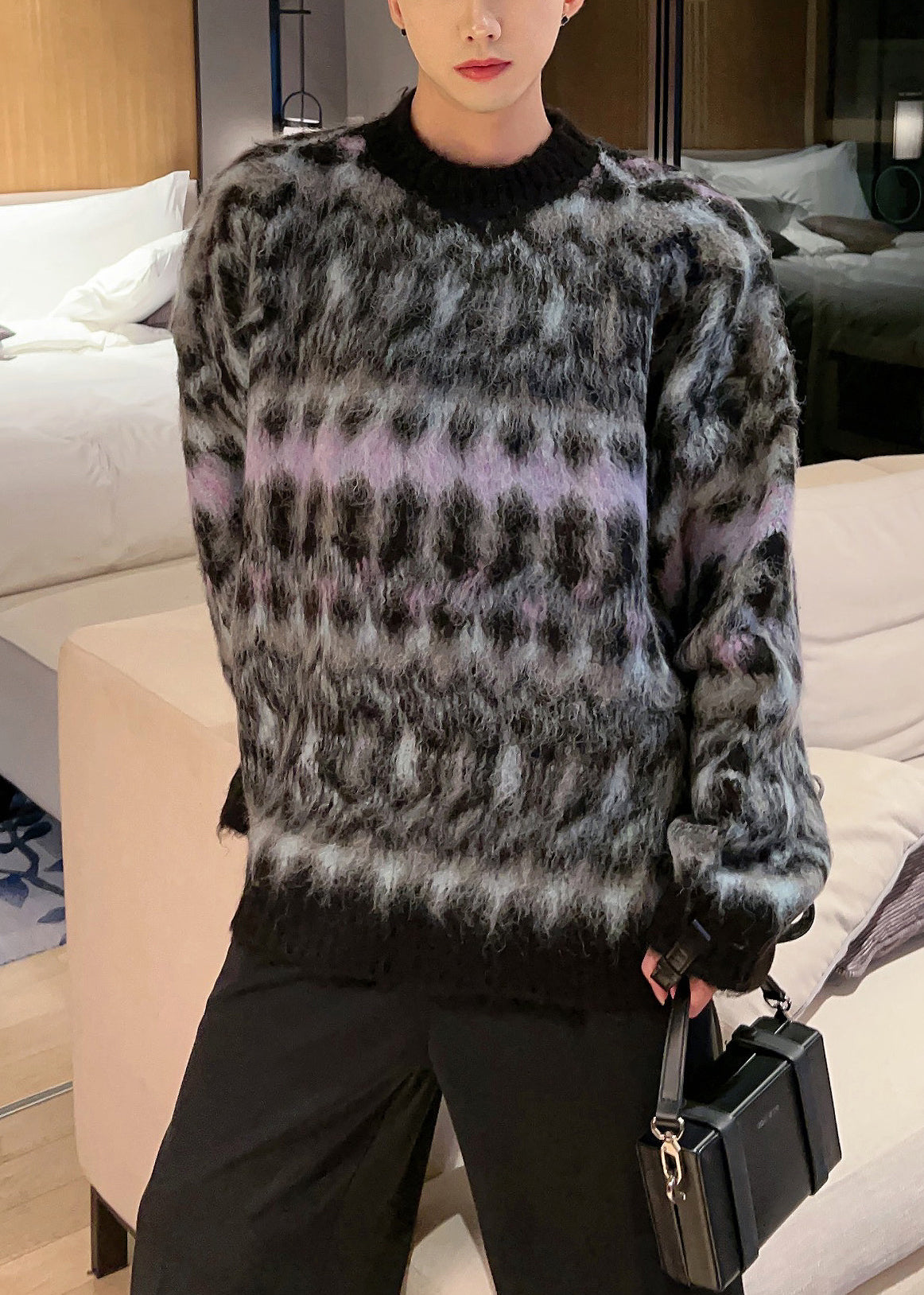 Black Cozy Patchwork Cotton Knit Fall Men Sweaters O Neck QH035 MENSW241019