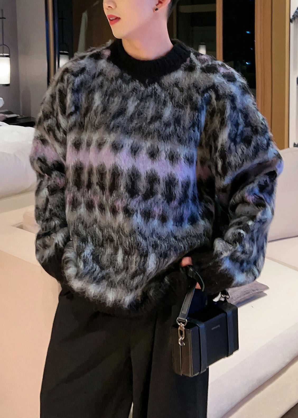 Black Cozy Patchwork Cotton Knit Fall Men Sweaters O Neck QH035 MENSW241019