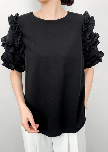 Ruffled Summer Chiffon Shirt Draping Black FashionChic