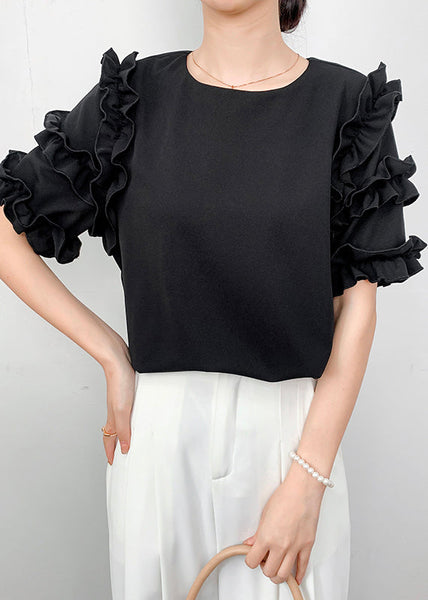 Ruffled Summer Chiffon Shirt Draping Black FashionChic