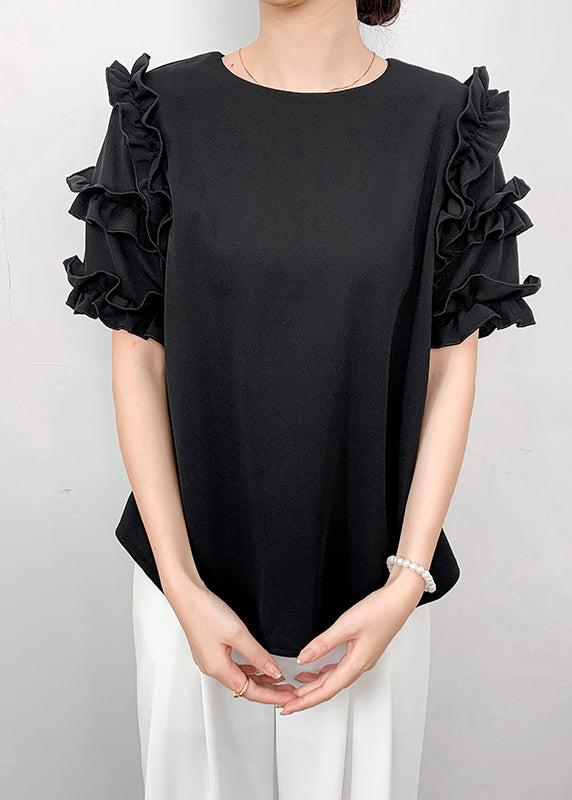 Ruffled Summer Chiffon Shirt Draping Black FashionChic