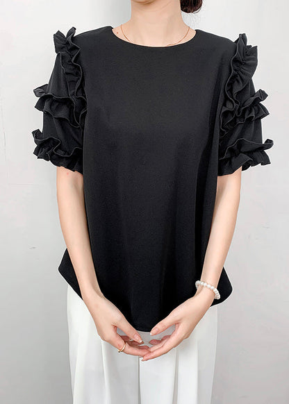 Ruffled Summer Chiffon Shirt Draping Black FashionChic