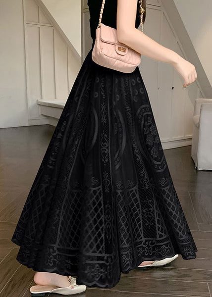 Waist Elastic Skirt Lace Embroidered Summer Black FashionChic