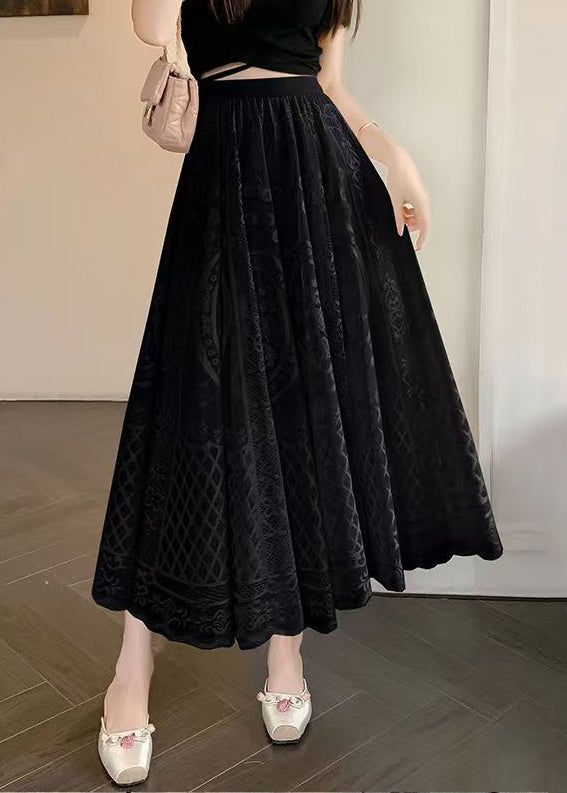 Waist Elastic Skirt Lace Embroidered Summer Black FashionChic