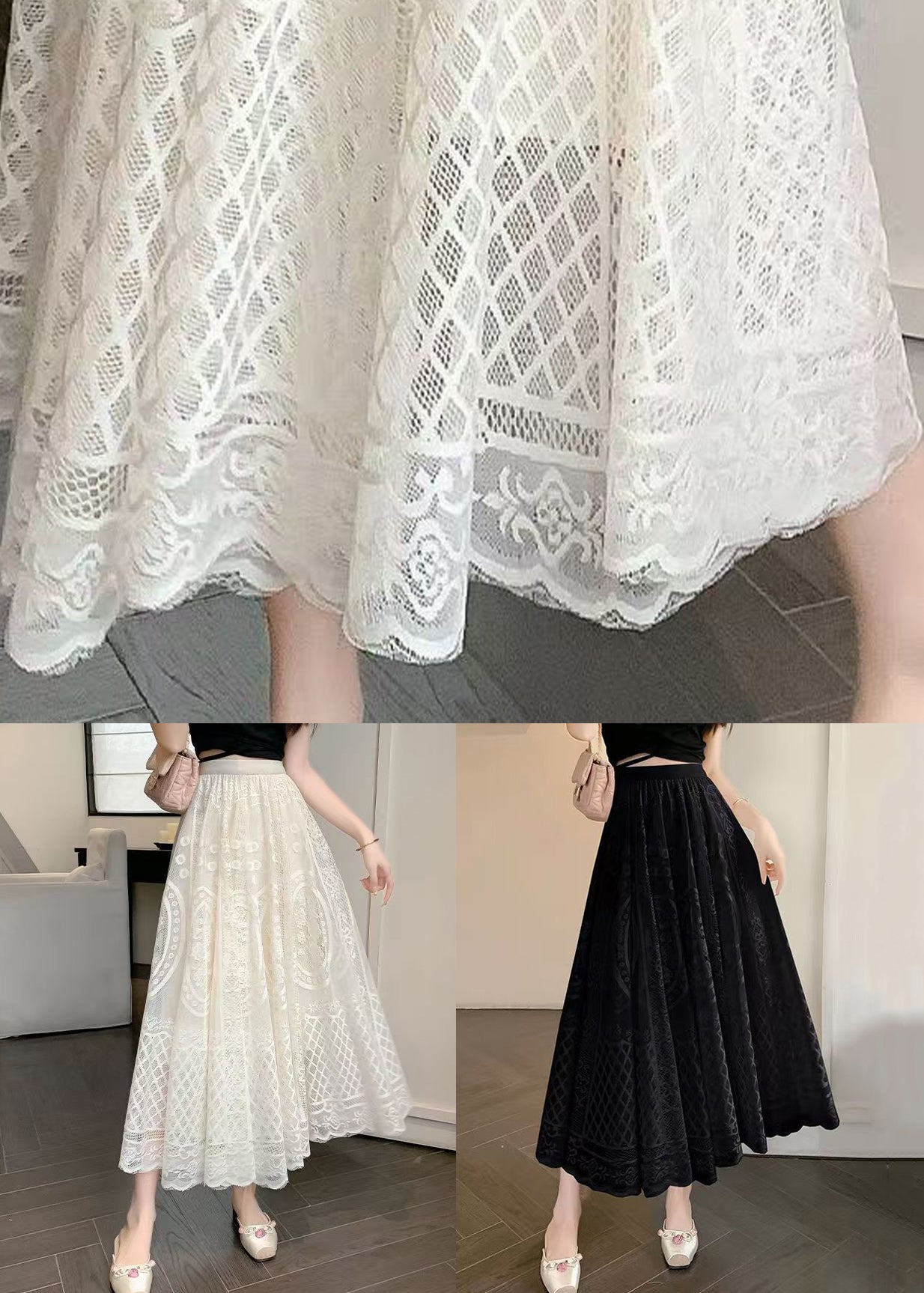 Waist Elastic Skirt Lace Embroidered Summer Black FashionChic