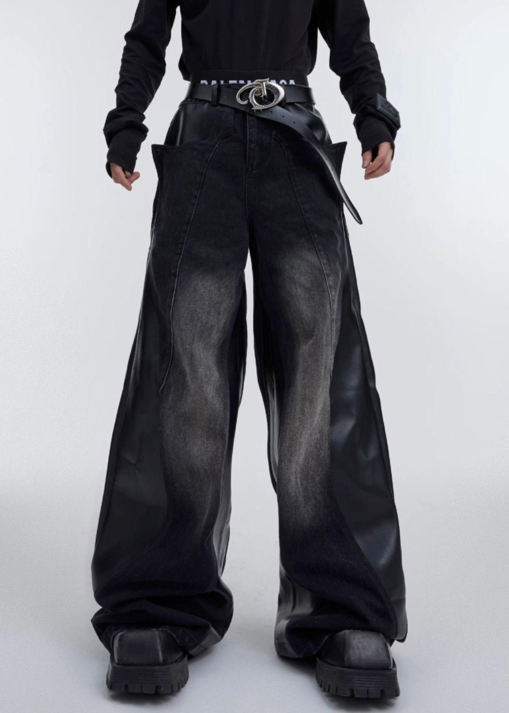 Black Faux Leather Patchwork Fared Trousers High Waist Fall RK029 ABC