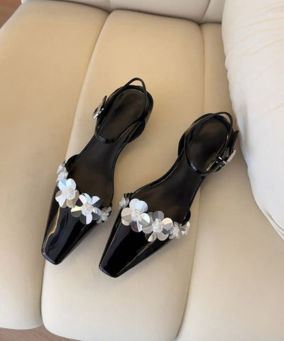 Floral Black Sandals Splicing Leather Chunky Faux FashionChic