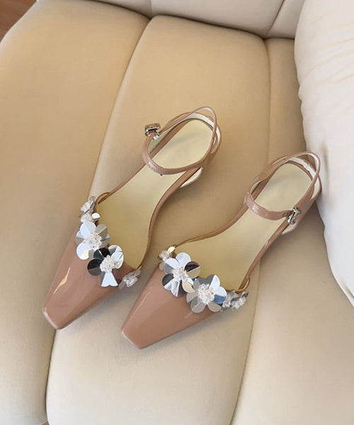 Floral Black Sandals Splicing Leather Chunky Faux FashionChic