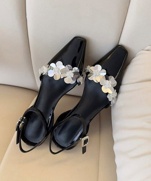 Floral Black Sandals Splicing Leather Chunky Faux FashionChic