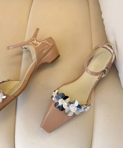 Floral Black Sandals Splicing Leather Chunky Faux FashionChic