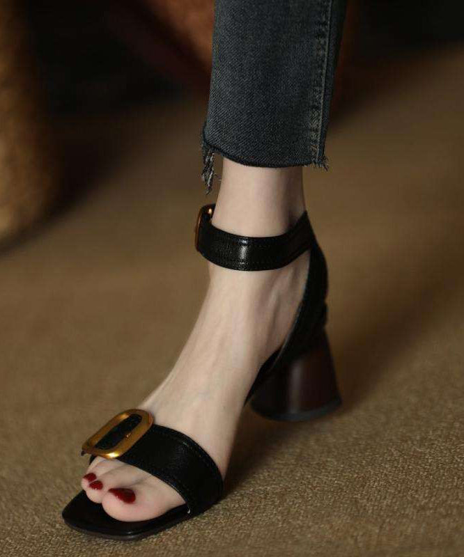 Heels High Black Sandals Splicing Toe Leather Faux Peep FashionChic