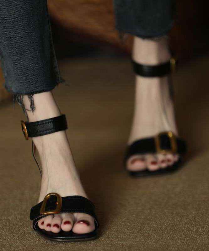Heels High Black Sandals Splicing Toe Leather Faux Peep FashionChic