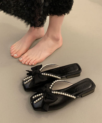 Black Faux Leather Splicing Slide Sandals Bow Nail Bead AA016 shoe-CS240815