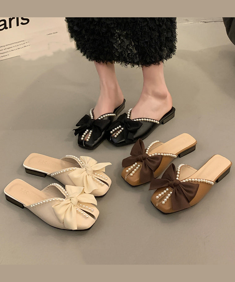 Black Faux Leather Splicing Slide Sandals Bow Nail Bead AA016 shoe-CS240815