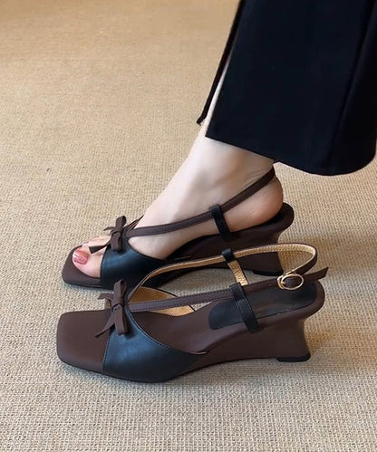 Peep Black Toe Wedge Splicing Heels Faux Sandals Leather FashionChic