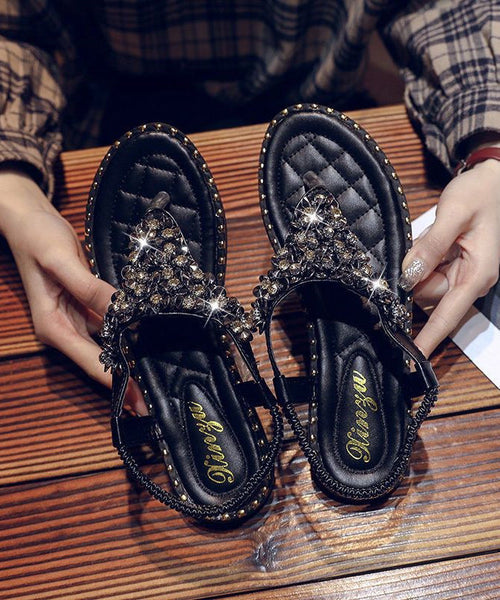 Leather Zircon Faux Black Splicing Flip Flops FashionChic