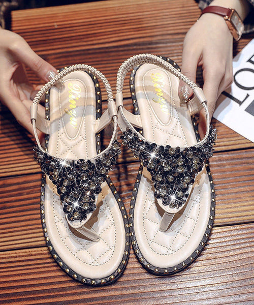 Leather Zircon Faux Black Splicing Flip Flops FashionChic