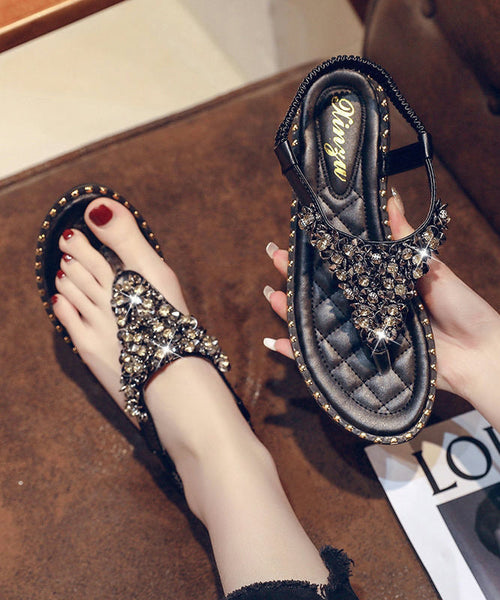 Leather Zircon Faux Black Splicing Flip Flops FashionChic