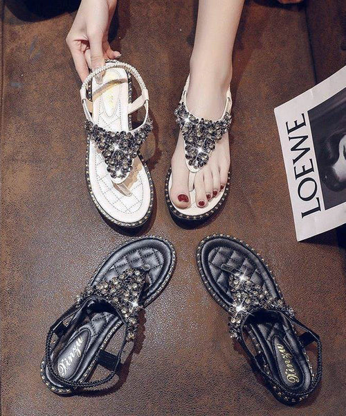 Leather Zircon Faux Black Splicing Flip Flops FashionChic