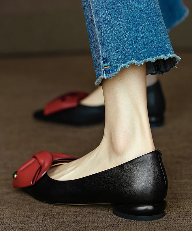 Black Flat Feet Shoes Cowhide Leather Fashion Pointed Toe Bow RT1016 Ada Fashion