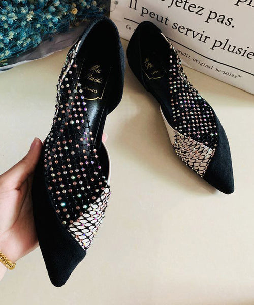 Toe Shoes Splicing Suede Flat Black Pointed Zircon Feet FashionChic