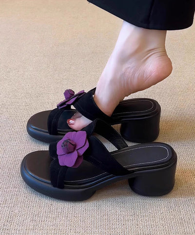 Toe Sandals Slide Splicing Peep Floral Chunky Black FashionChic