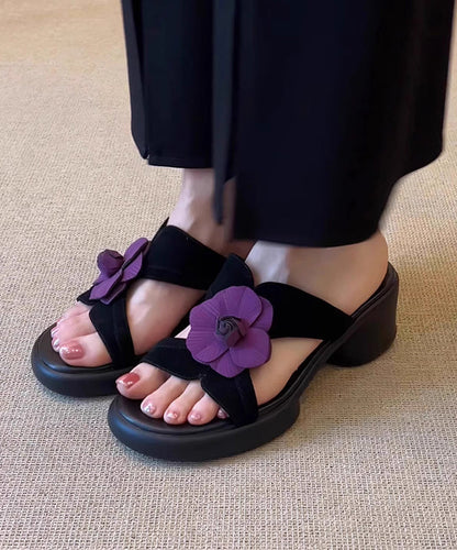 Toe Sandals Slide Splicing Peep Floral Chunky Black FashionChic