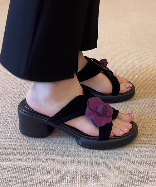 Toe Sandals Slide Splicing Peep Floral Chunky Black FashionChic