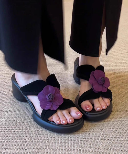 Toe Sandals Slide Splicing Peep Floral Chunky Black FashionChic