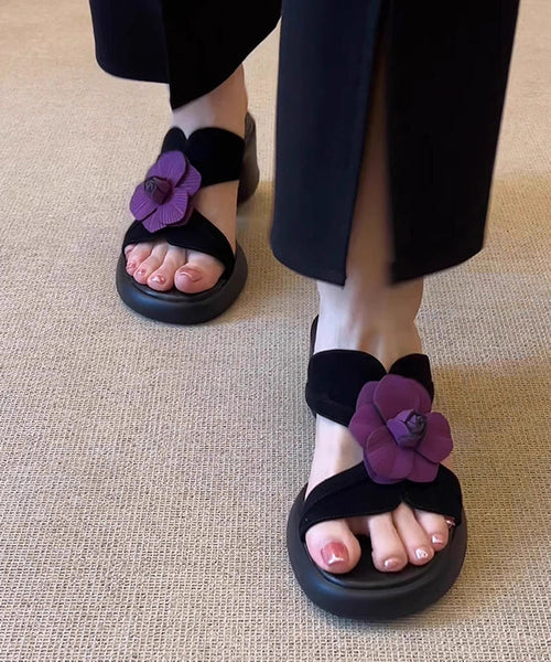 Toe Sandals Slide Splicing Peep Floral Chunky Black FashionChic