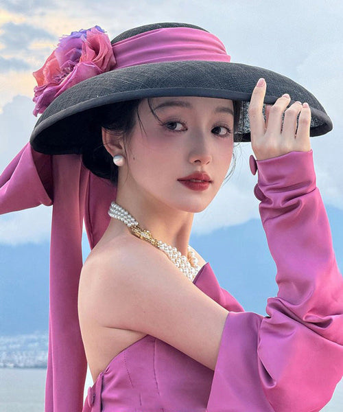 Hat Large Floral Brim Black Bow With French A FashionChic