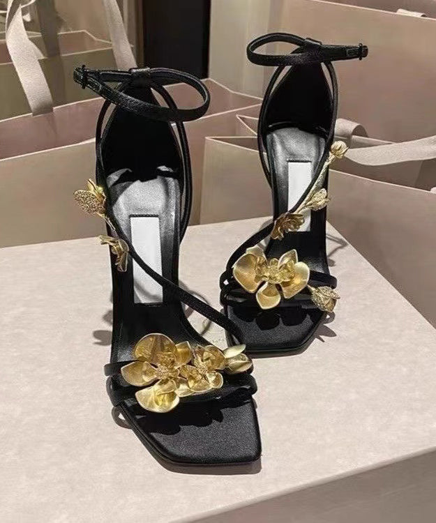 Black French Floral Decorated Splicing High Heel Sandals KJ028 Shoe-LX240714