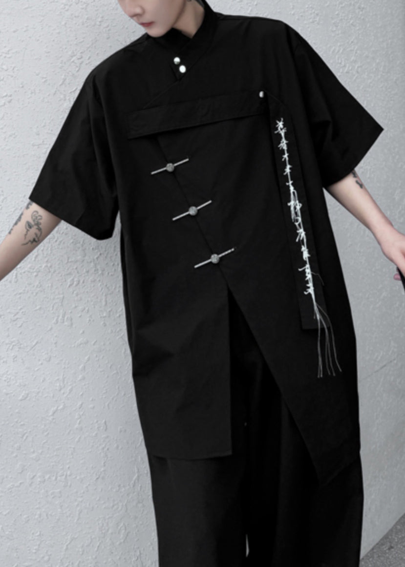 Summer Black Front Embroideried Shirt Open Loose Men Cotton FashionChic