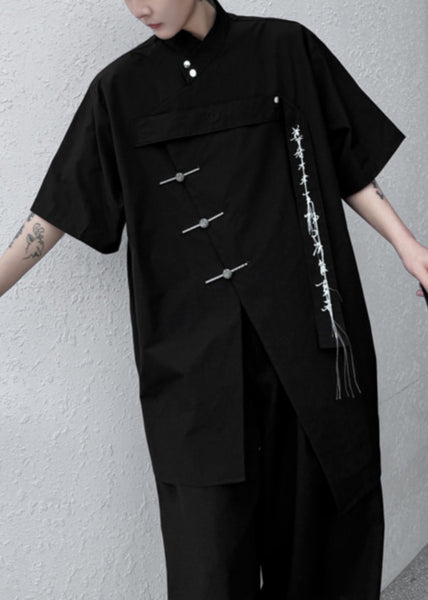 Summer Black Front Embroideried Shirt Open Loose Men Cotton FashionChic