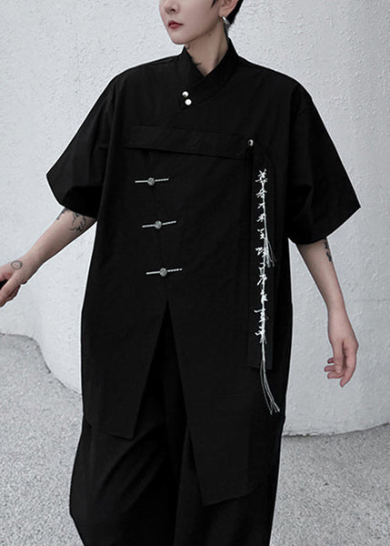 Summer Black Front Embroideried Shirt Open Loose Men Cotton FashionChic