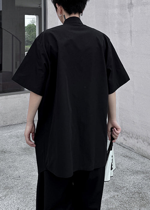 Summer Black Front Embroideried Shirt Open Loose Men Cotton FashionChic