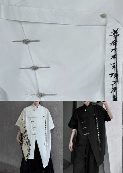 Summer Black Front Embroideried Shirt Open Loose Men Cotton FashionChic