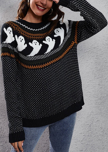 Black Ghost Cozy Patchwork Knit Sweaters O Neck Fall AE1023 OM-HW240901