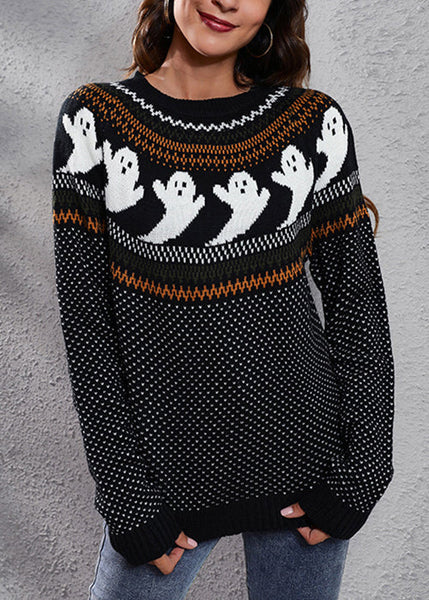 Black Ghost Cozy Patchwork Knit Sweaters O Neck Fall AE1023 OM-HW240901
