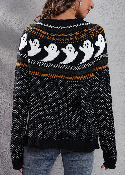 Black Ghost Cozy Patchwork Knit Sweaters O Neck Fall AE1023 OM-HW240901