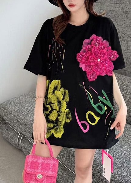 Floral Black Print Tanks Cotton Decorated Summer Graffiti FashionChic