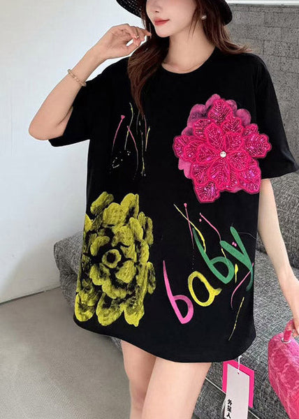 Floral Black Print Tanks Cotton Decorated Summer Graffiti FashionChic