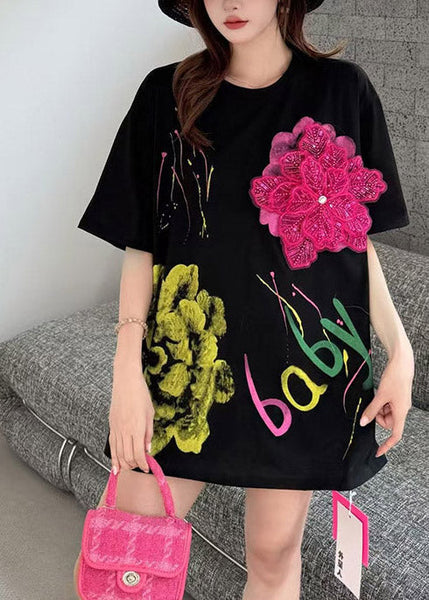 Floral Black Print Tanks Cotton Decorated Summer Graffiti FashionChic