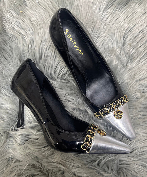 Chic Black Splicing Sheepskin Linked High Heels Sequined Stiletto FashionChic