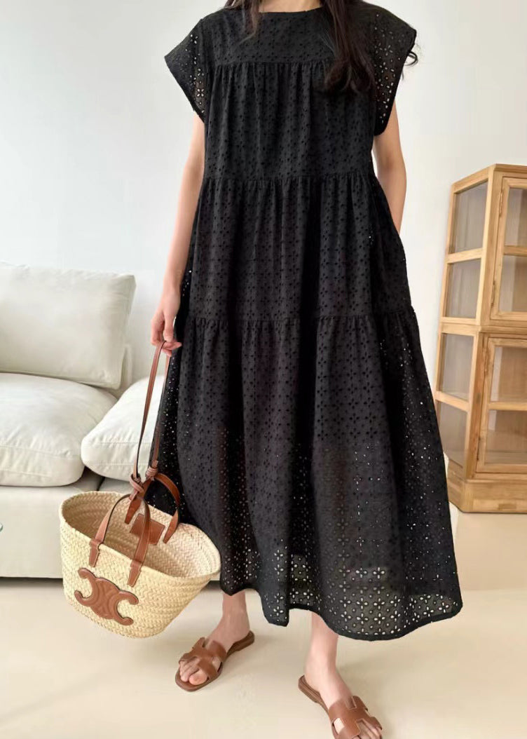 Dresses Embroidered Black Cotton Summer Hollow Out FashionChic