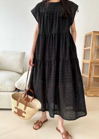 Dresses Embroidered Black Cotton Summer Hollow Out FashionChic