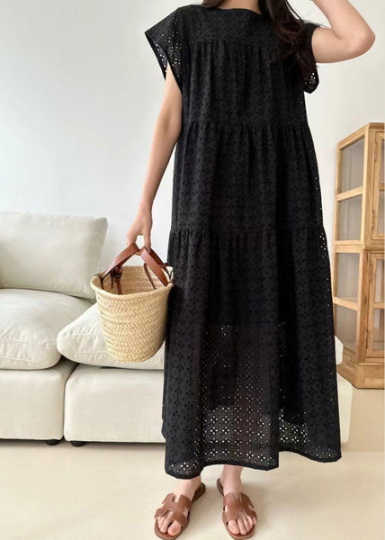 Dresses Embroidered Black Cotton Summer Hollow Out FashionChic
