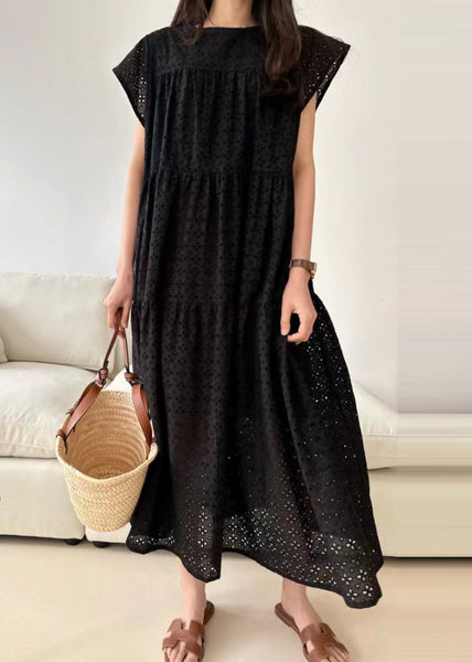 Dresses Embroidered Black Cotton Summer Hollow Out FashionChic
